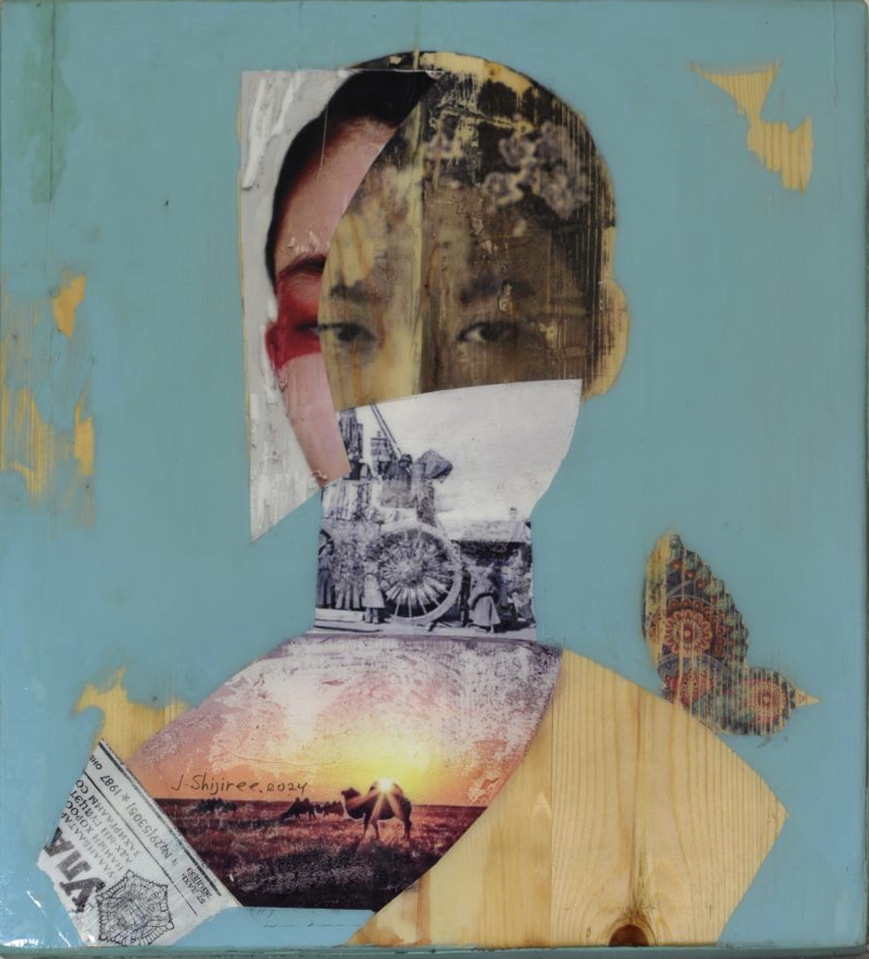 Mixed-media portrait on a turquoise wooden panel: a woman’s face assembled from photographic fragments, including a cart and a camel at sunset